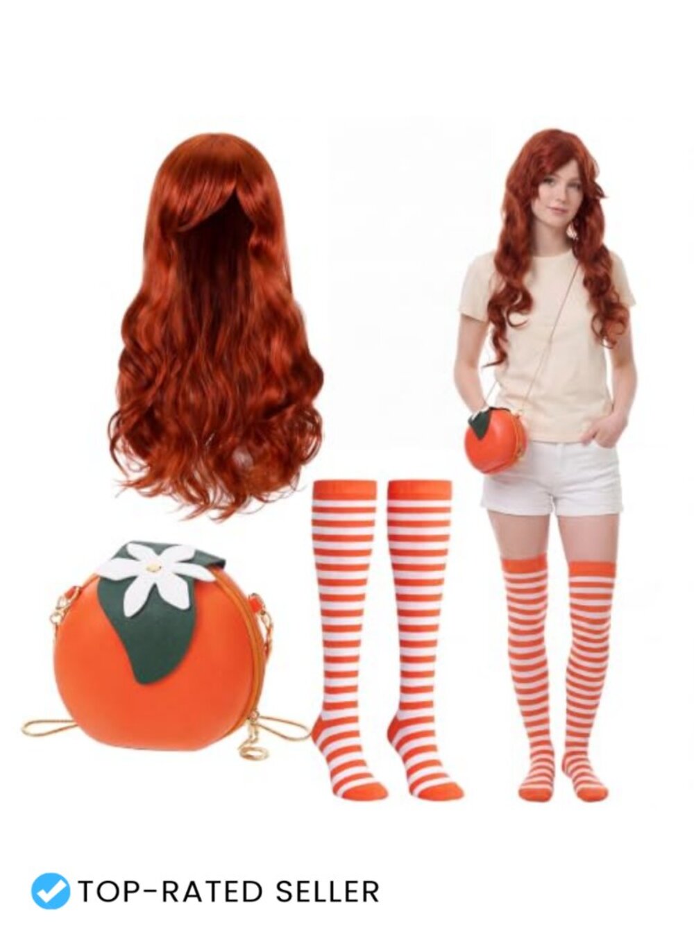 3 Pc Halloween Costume Set Wig Shoulder Bag Thigh High Socks Y2K Accessories